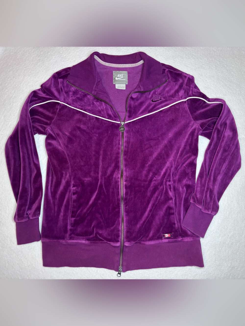Nike Vintage Women's Purple Velour Track Jacket with White Piping Size XL